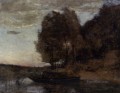 Pescador paseando en bote por un paisaje boscoso al aire libre Romanticismo Jean Baptiste Camille Corot